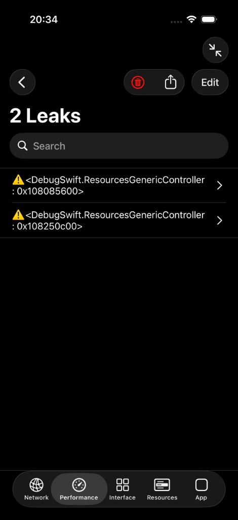 Memory leak detection — leaked objects list